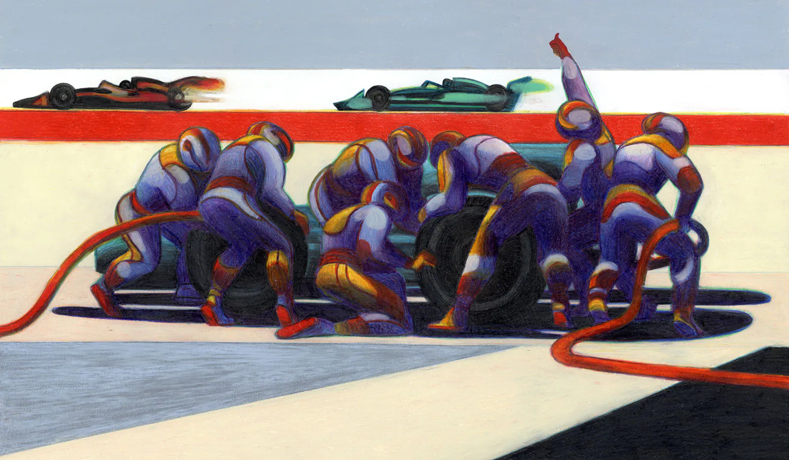 Illustrazione meccanici Formula 1 cambio gomme
